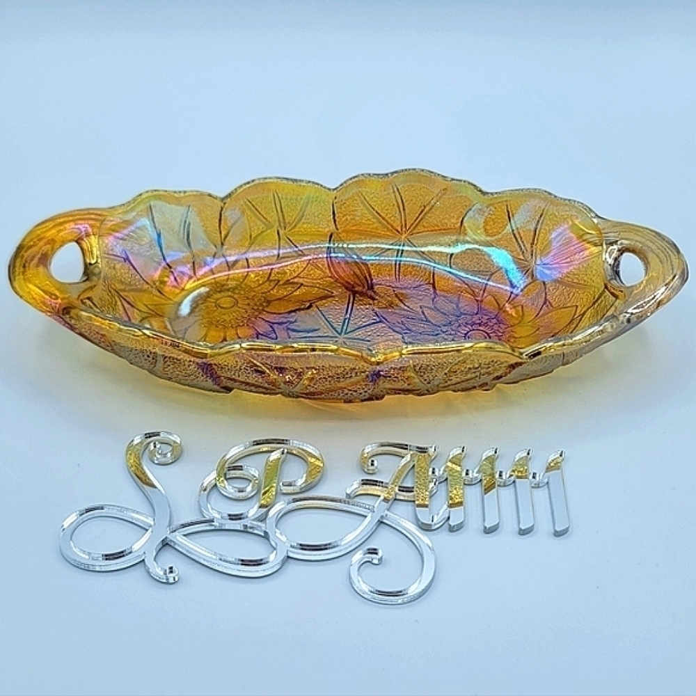 Vintage Carnival Glass Iridescent Marigold  Amber Oval Dish #934